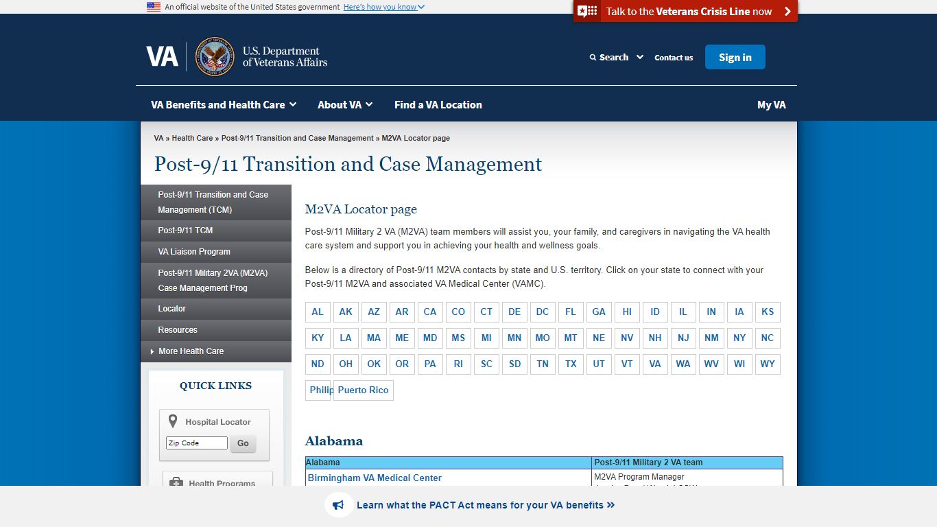 M2VA Locator page - Post-9/11 Transition and Case Management